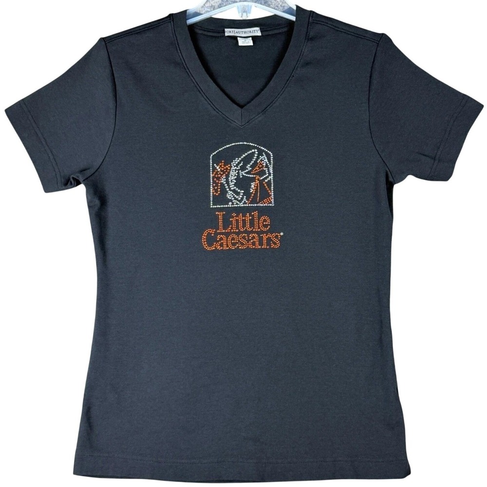 Little Caesars Women's Medium Rhinestone V-Neck T-Shirt Black Port Authority